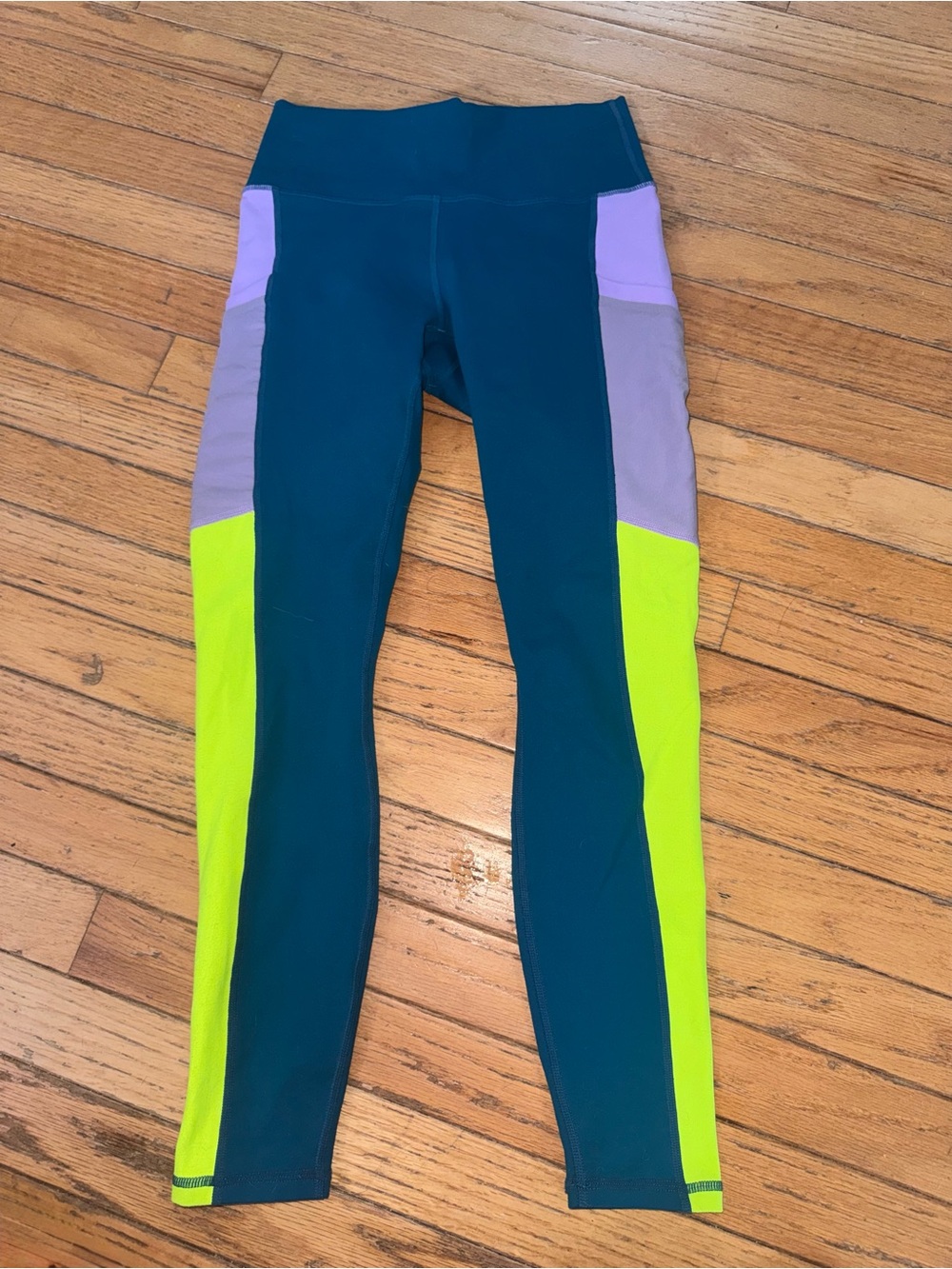 Fabletics Teal Leggings with Lime & Lavender Colorblock